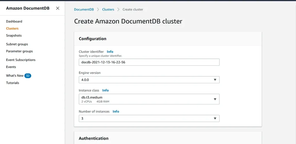 Configurazione del cluster DocumentDB