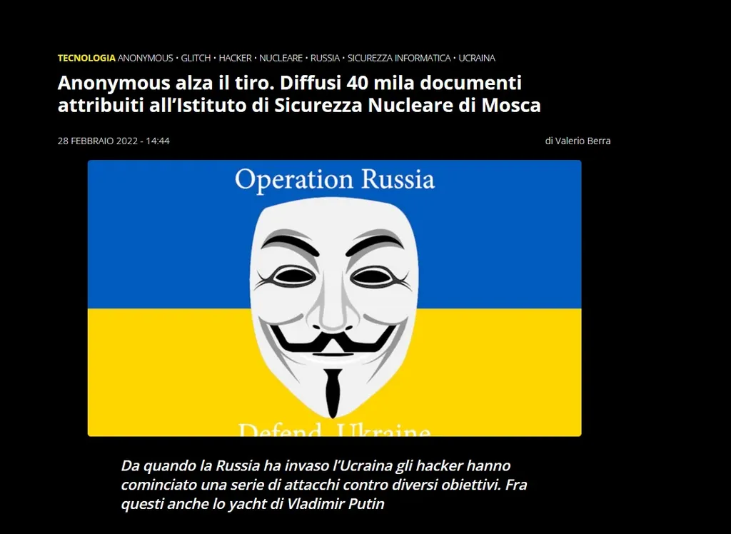 Anonymous alza il tiro. Diffusi 40 mila documenti attribuiti all’Istituto di Sicurezza Nucleare di Mosca