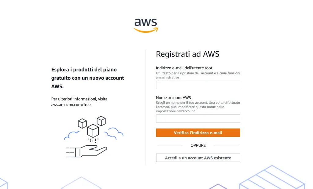 Pagina di registrazione ad AWS