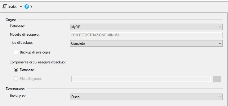 Schermata di configurazione del backup