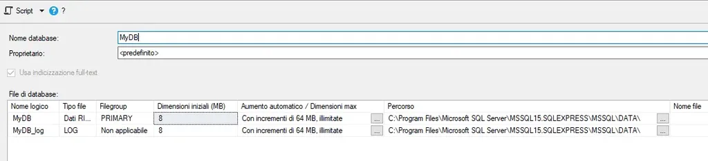 Opzioni di creazione di un database